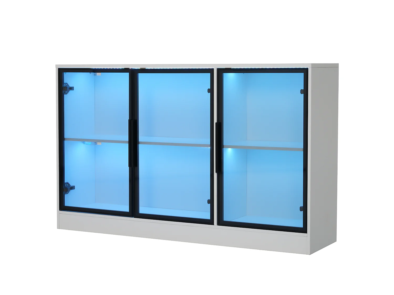 Vitrine mit LED-Beleuchtung und 3 grauen Glastüren – Spanplatte und Glas – 120 x 30 x 73 cm – Weiß
