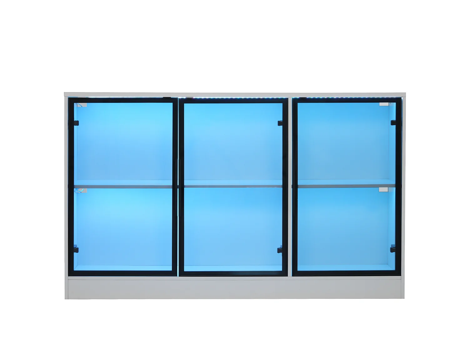 Vitrine mit LED-Beleuchtung und 3 grauen Glastüren – Spanplatte und Glas – 120 x 30 x 73 cm – Weiß