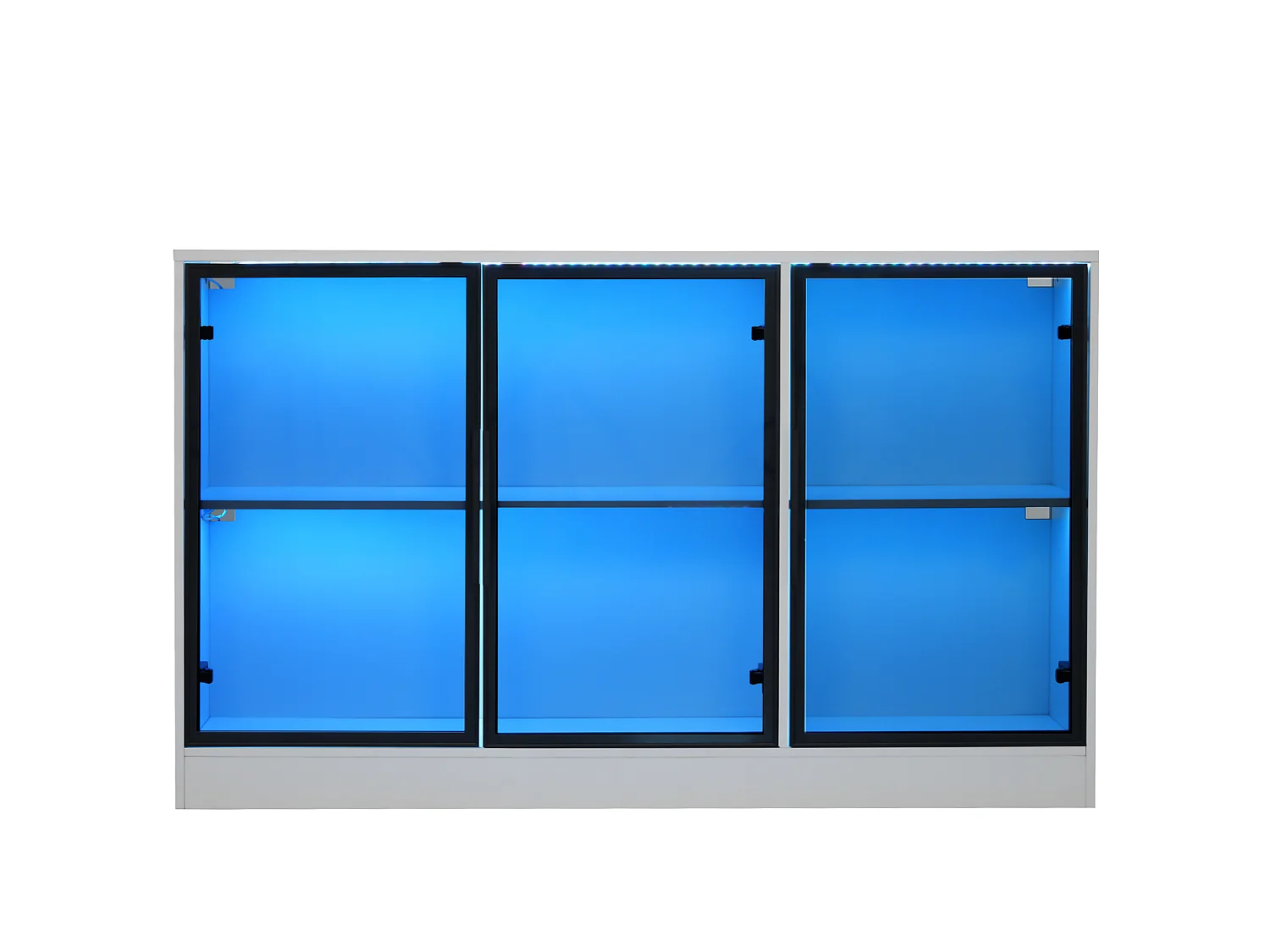 Vitrine mit LED-Beleuchtung und 3 grauen Glastüren – Spanplatte und Glas – 120 x 30 x 73 cm – Weiß