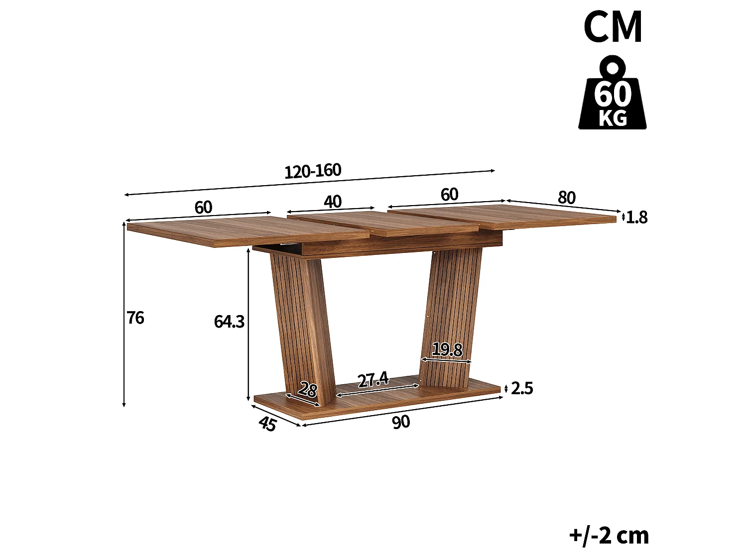 Table à manger extensible 120/160 x 80 cm - Table flexible - Marron foncé