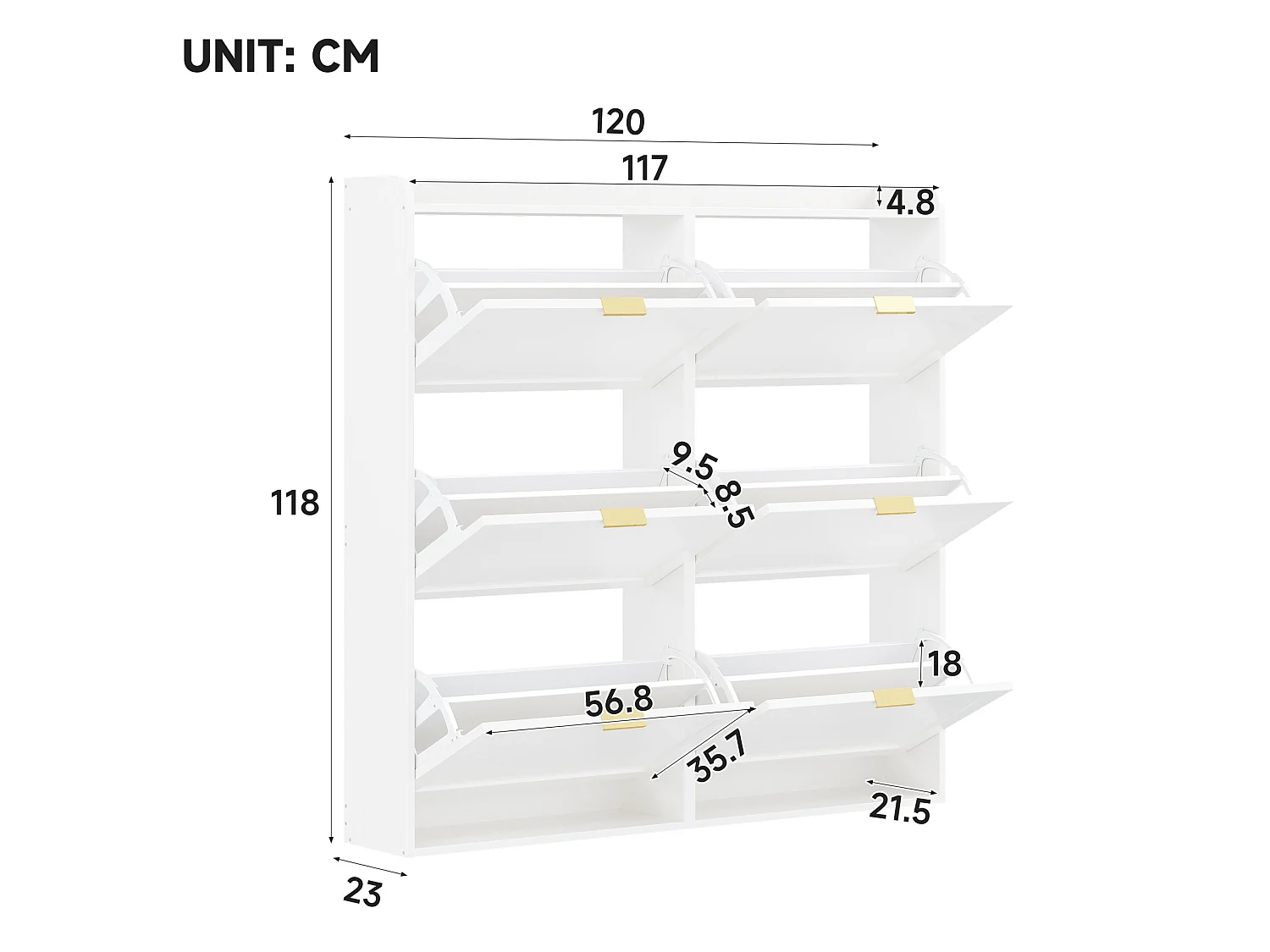 Meuble à chaussures avec 6 portes rabattables – Blanc 120 x 23 x 118 cm