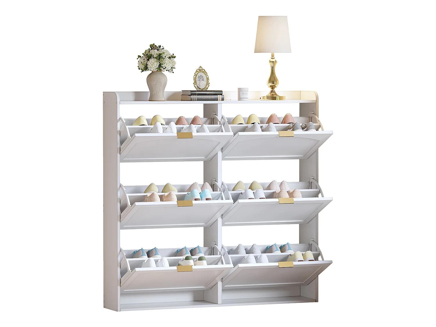 Meuble à chaussures avec 6 portes rabattables – Blanc 120 x 23 x 118 cm