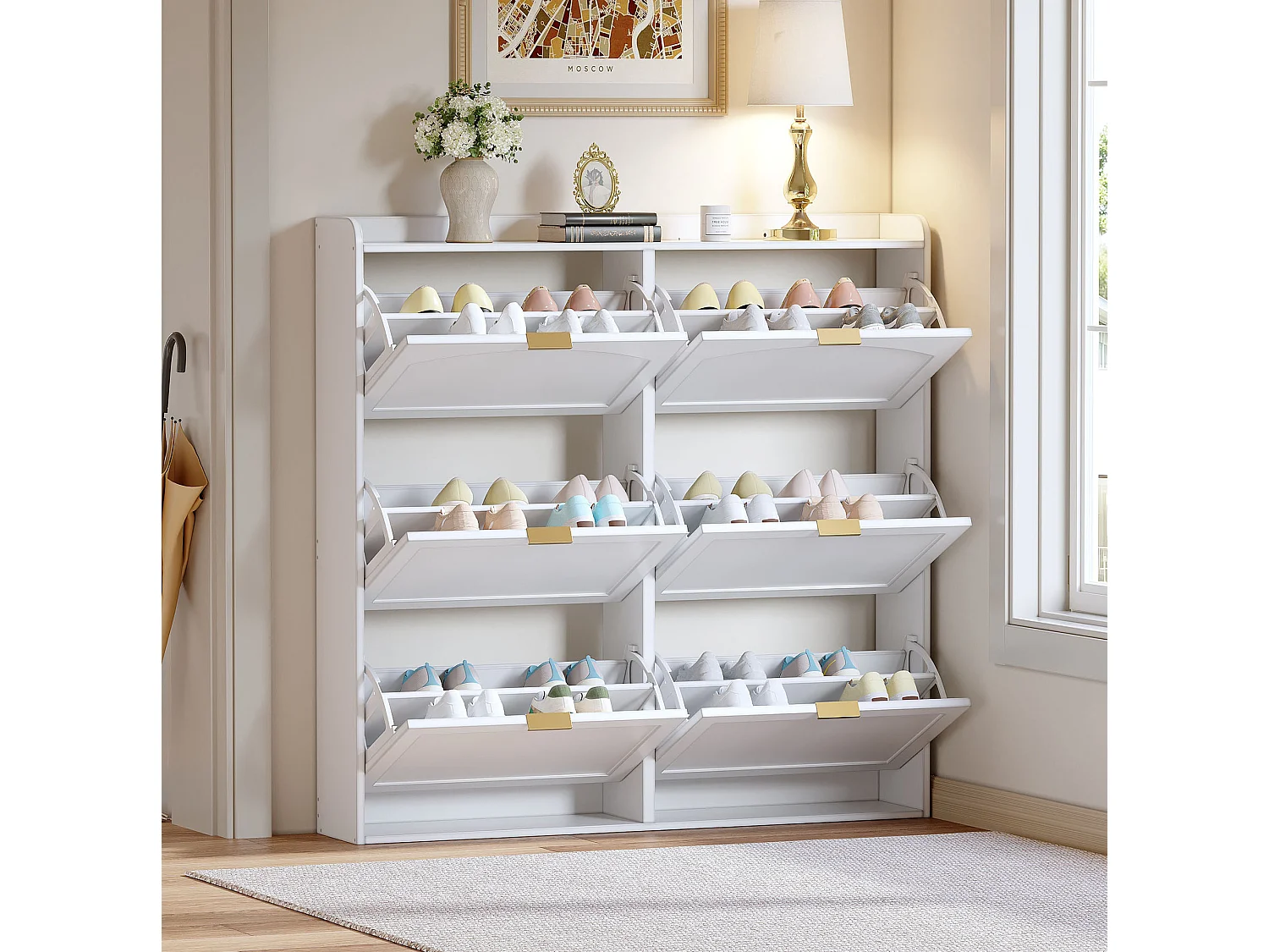Meuble à chaussures avec 6 portes rabattables – Blanc 120 x 23 x 118 cm