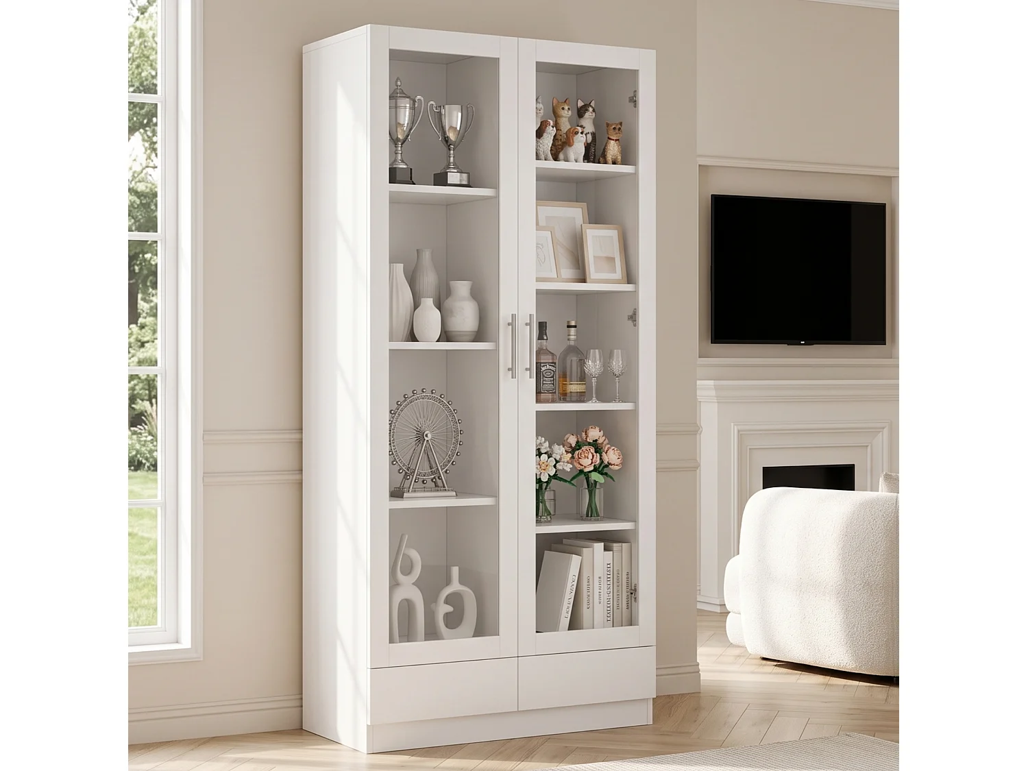 Aufbewahrungsschrank mit 2 Glastüren, 9 Fächern und 2 Schubladen – MDF und Sicherheitsglas – 160 x 40 x 80 cm – Weiß