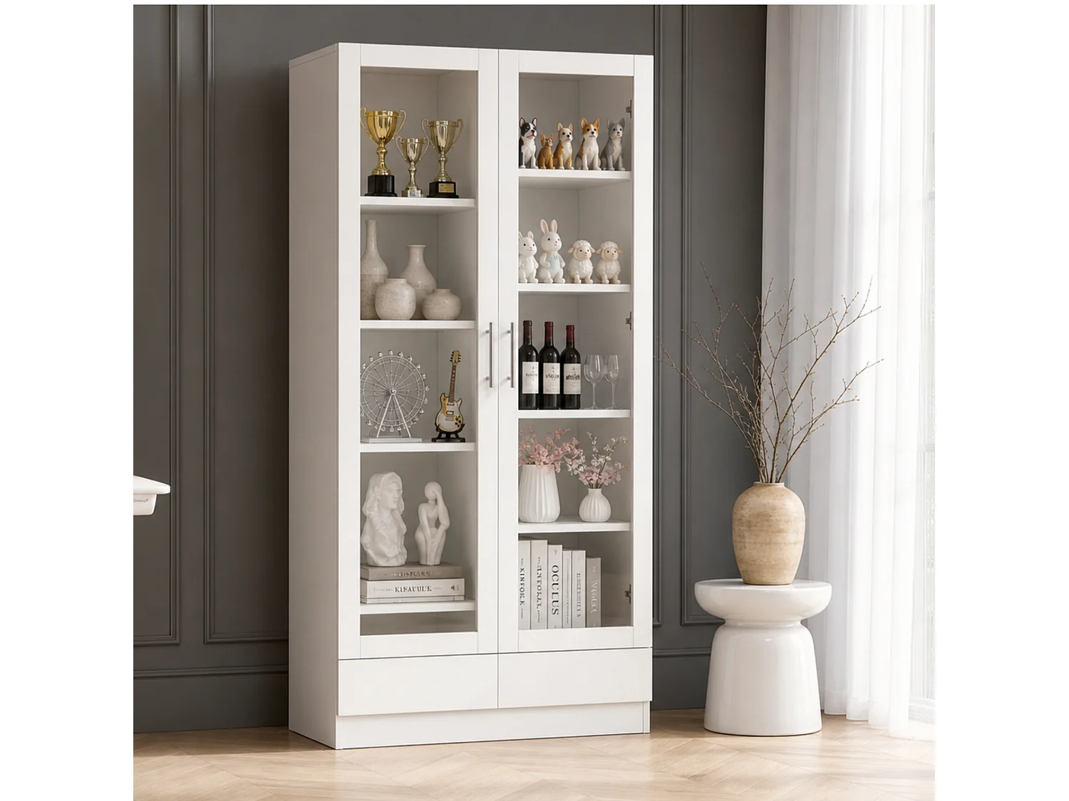 Aufbewahrungsschrank mit 2 Glastüren, 9 Fächern und 2 Schubladen – MDF und Sicherheitsglas – 160 x 40 x 80 cm – Weiß