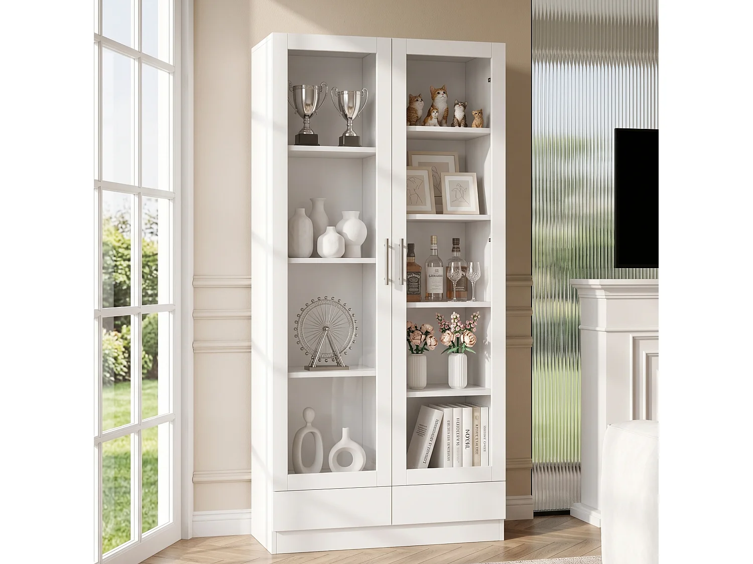 Aufbewahrungsschrank mit 2 Glastüren, 9 Fächern und 2 Schubladen – MDF und Sicherheitsglas – 160 x 40 x 80 cm – Weiß