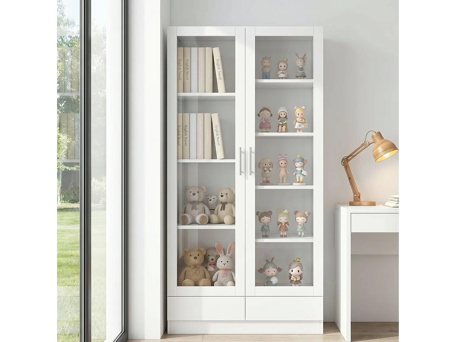 Aufbewahrungsschrank mit 2 Glastüren, 9 Fächern und 2 Schubladen – MDF und Sicherheitsglas – 160 x 40 x 80 cm – Weiß
