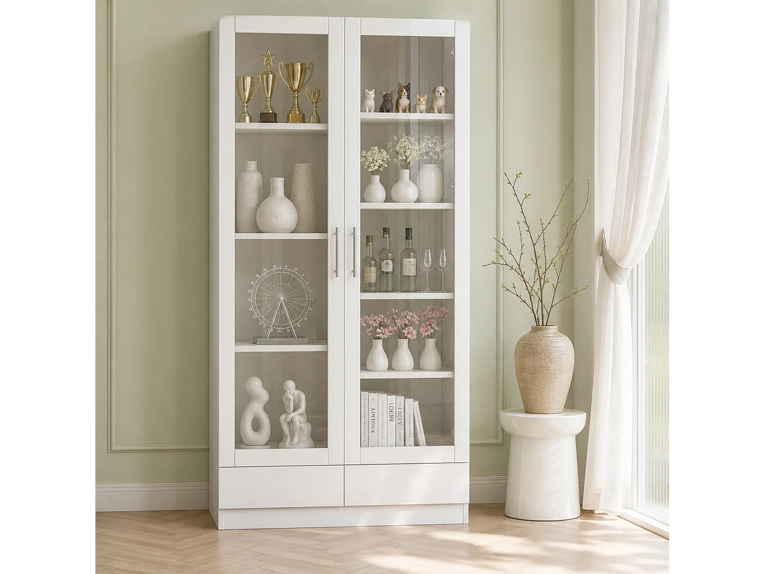 Aufbewahrungsschrank mit 2 Glastüren, 9 Fächern und 2 Schubladen – MDF und Sicherheitsglas – 160 x 40 x 80 cm – Weiß