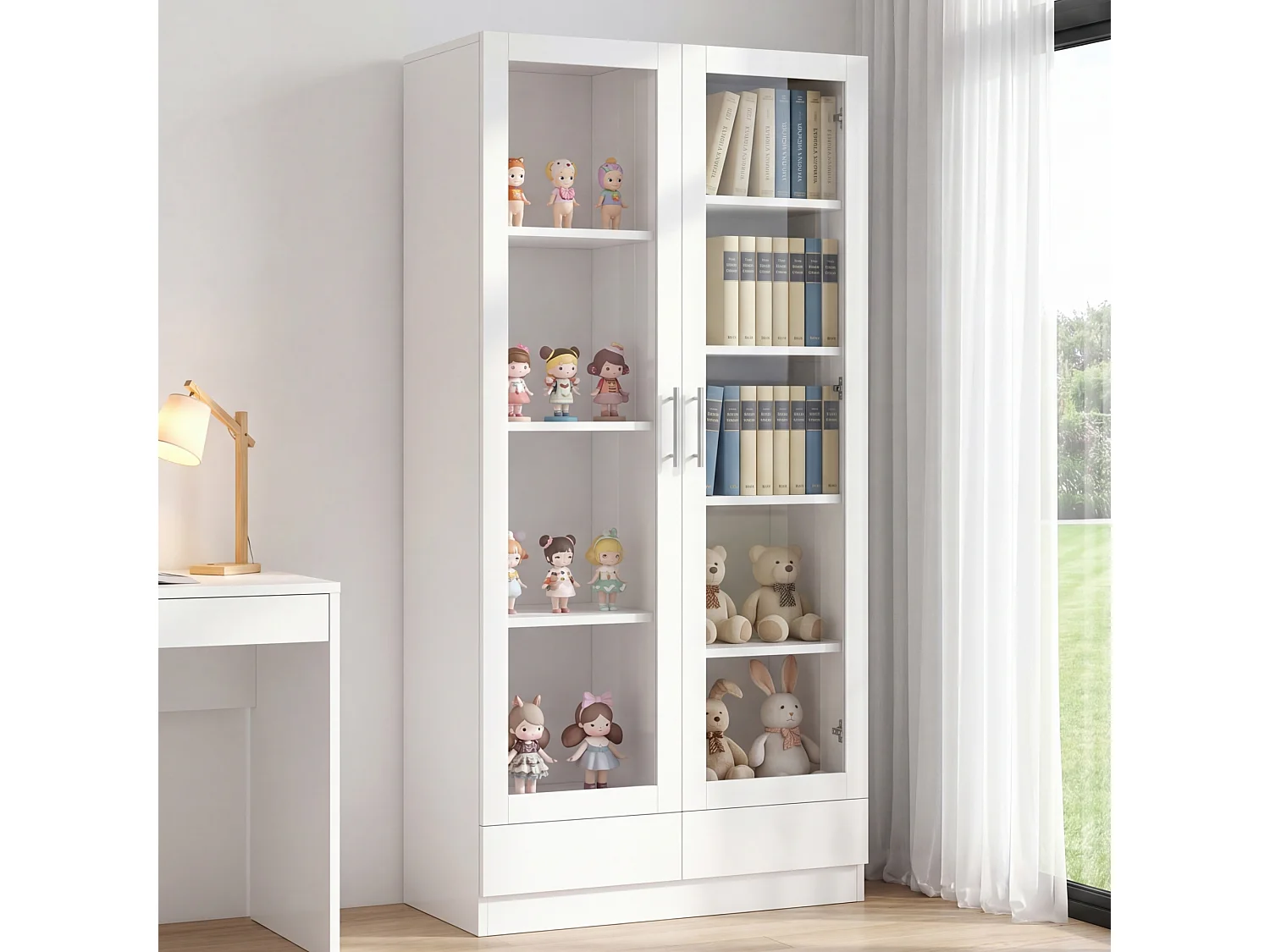 Aufbewahrungsschrank mit 2 Glastüren, 9 Fächern und 2 Schubladen – MDF und Sicherheitsglas – 160 x 40 x 80 cm – Weiß