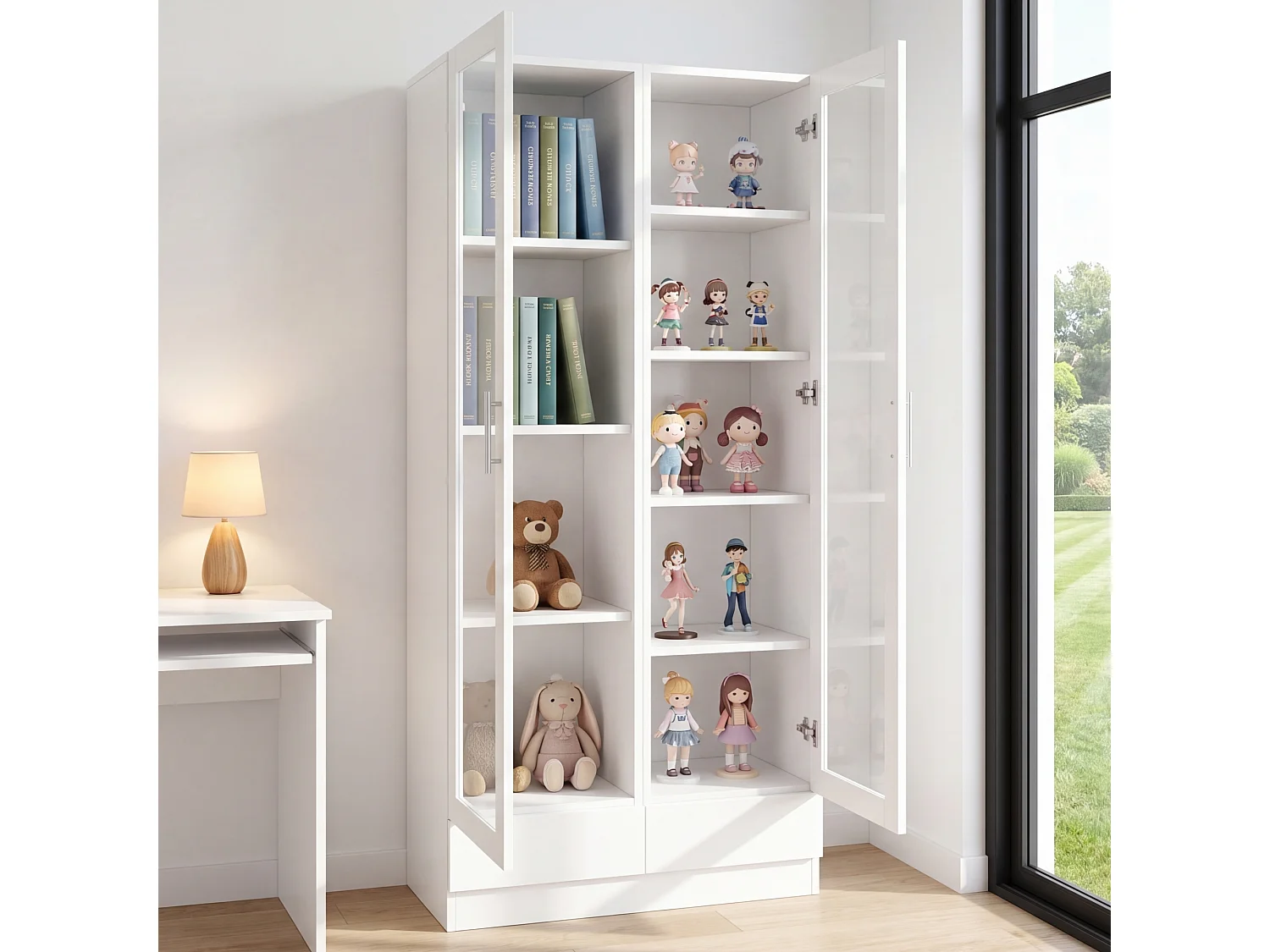 Aufbewahrungsschrank mit 2 Glastüren, 9 Fächern und 2 Schubladen – MDF und Sicherheitsglas – 160 x 40 x 80 cm – Weiß