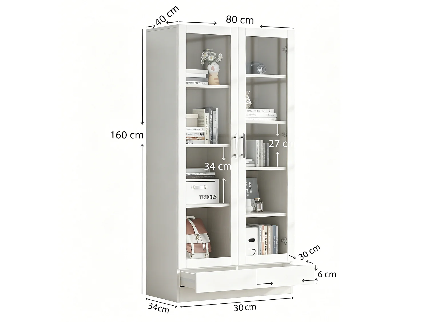 Aufbewahrungsschrank mit 2 Glastüren, 9 Fächern und 2 Schubladen – MDF und Sicherheitsglas – 160 x 40 x 80 cm – Weiß