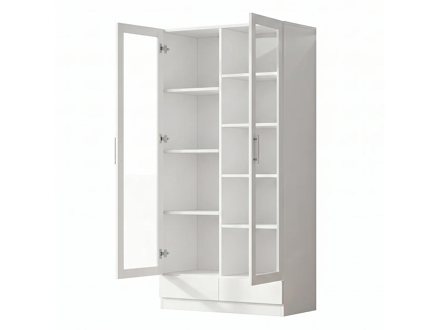 Aufbewahrungsschrank mit 2 Glastüren, 9 Fächern und 2 Schubladen – MDF und Sicherheitsglas – 160 x 40 x 80 cm – Weiß