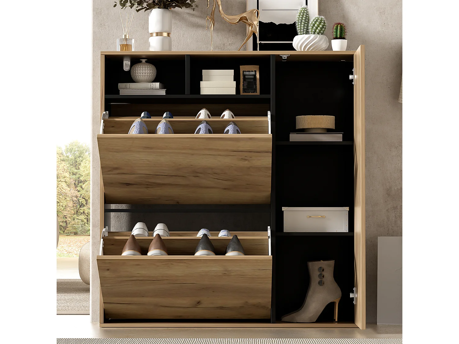 Meuble à chaussures avec 2 abattants et 1 porte – Couleur bois et noir
