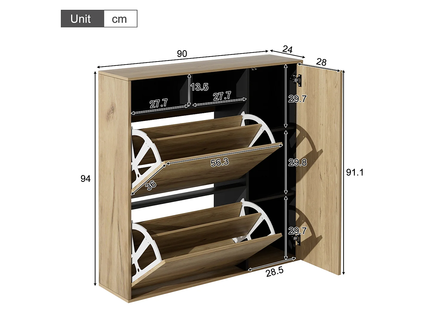 Meuble à chaussures avec 2 abattants et 1 porte – Couleur bois et noir