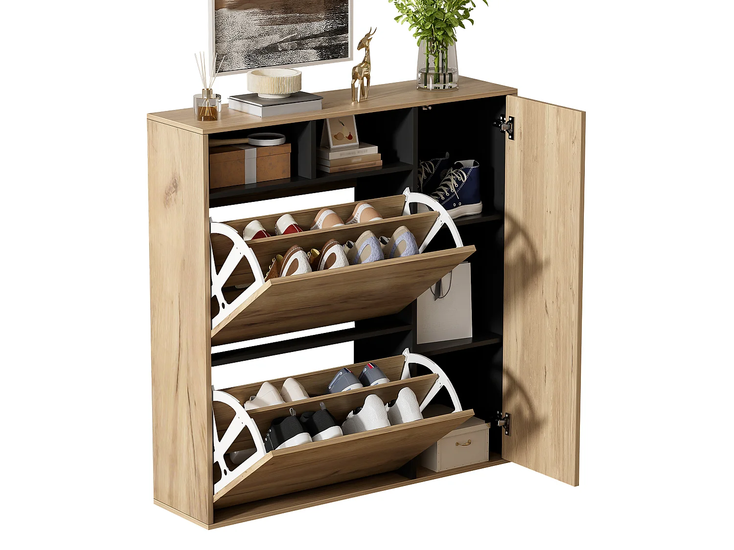 Meuble à chaussures avec 2 abattants et 1 porte – Couleur bois et noir