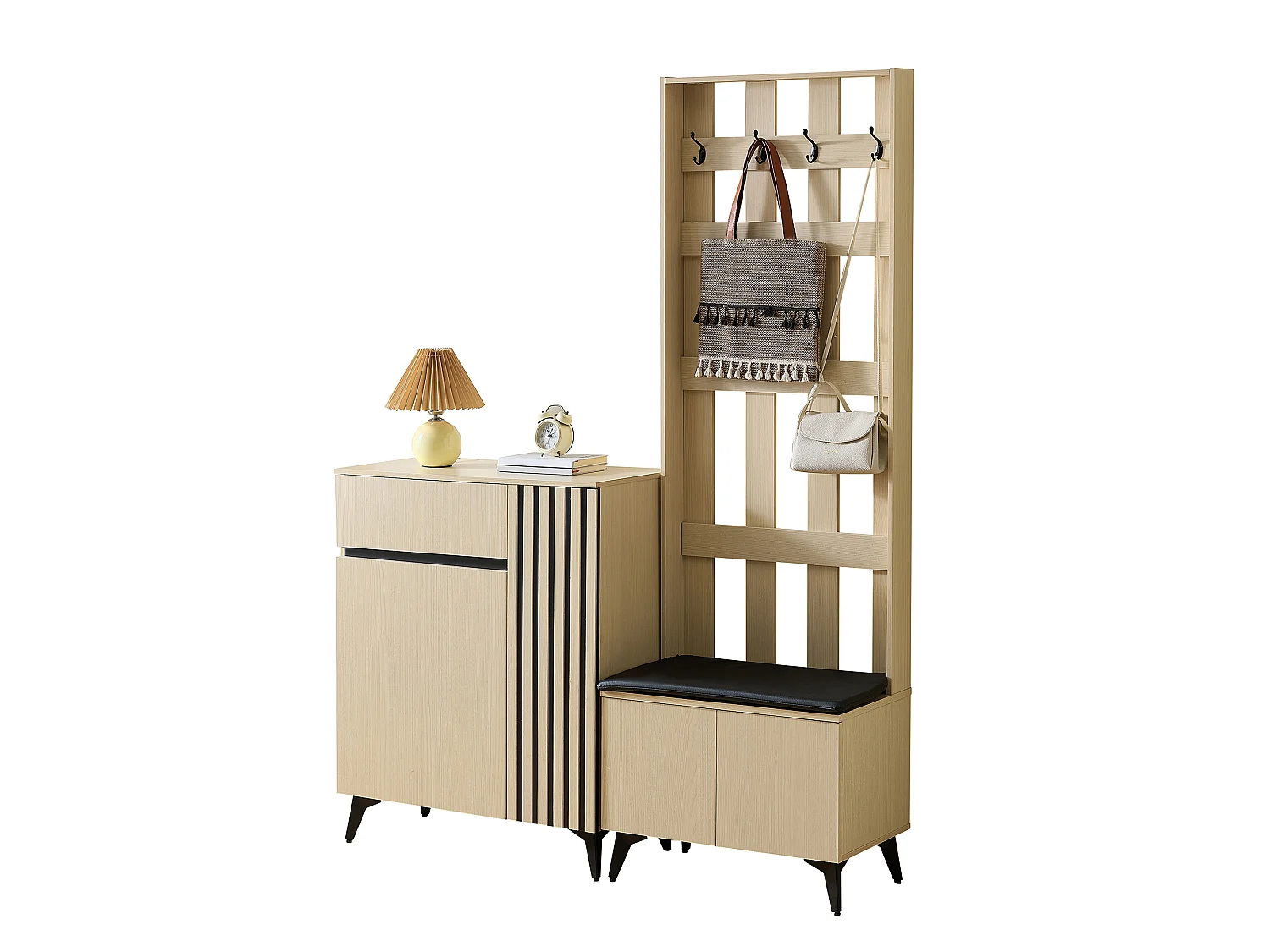 Shoe storage unit with upholstered bench, hooks and storage sideboard – MDF and steel – Light wood grain