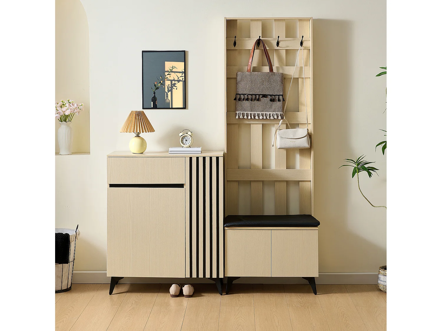 Shoe storage unit with upholstered bench, hooks and storage sideboard – MDF and steel – Light wood grain