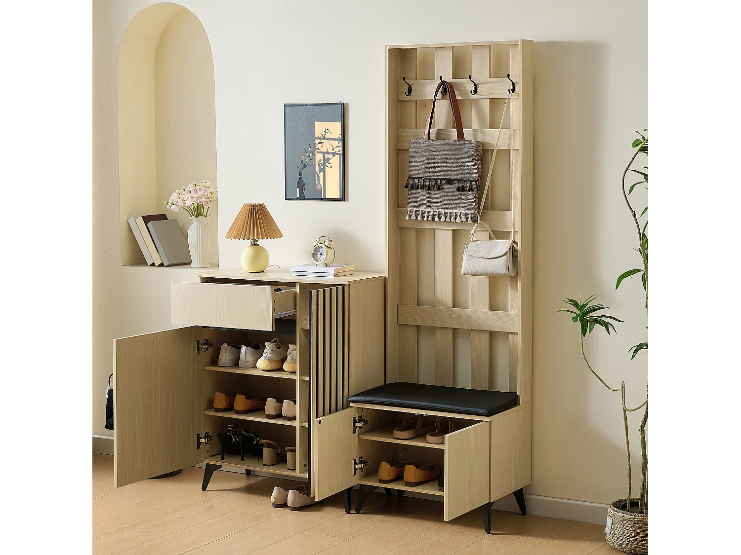 Shoe storage unit with upholstered bench, hooks and storage sideboard – MDF and steel – Light wood grain