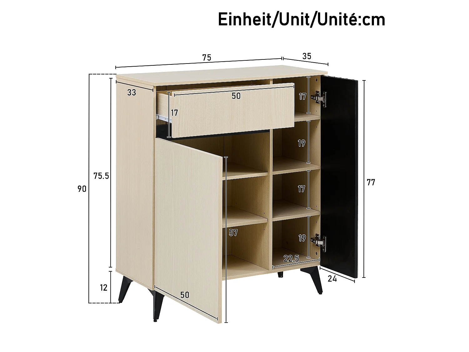 Shoe storage unit with upholstered bench, hooks and storage sideboard – MDF and steel – Light wood grain