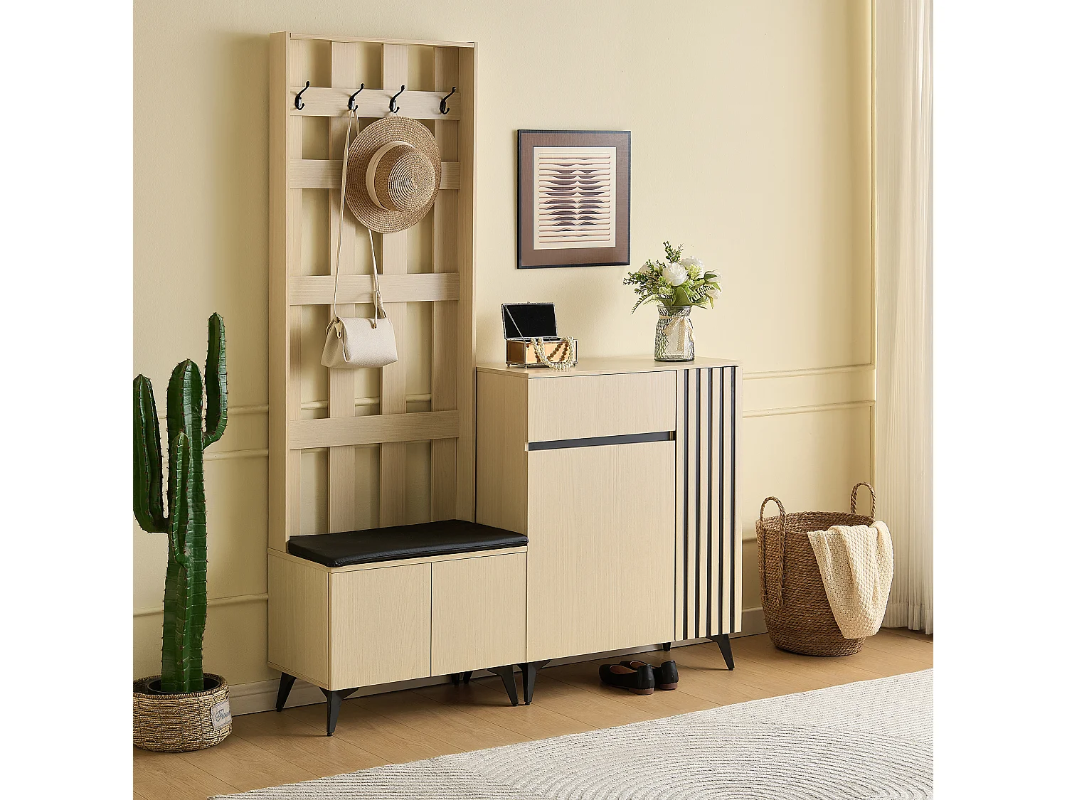 Shoe storage unit with upholstered bench, hooks and storage sideboard – MDF and steel – Light wood grain