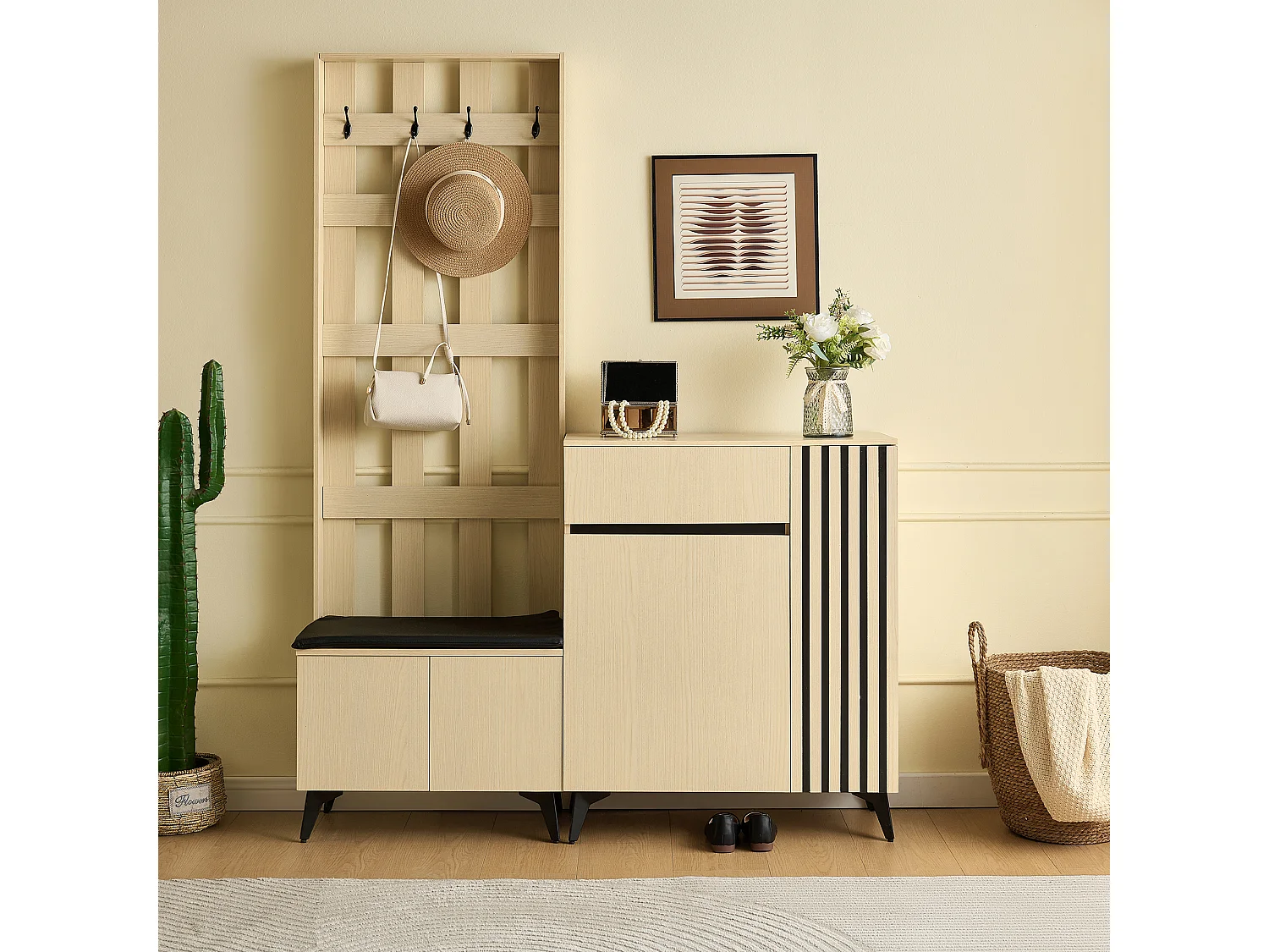 Shoe storage unit with upholstered bench, hooks and storage sideboard – MDF and steel – Light wood grain
