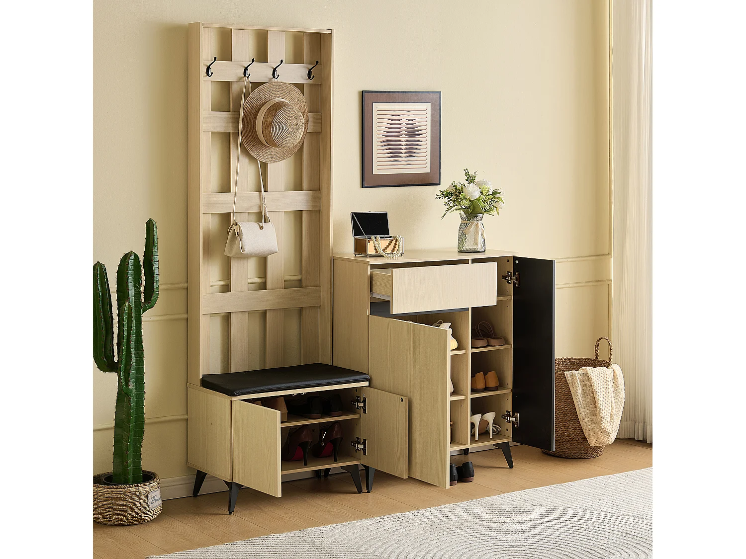 Shoe storage unit with upholstered bench, hooks and storage sideboard – MDF and steel – Light wood grain