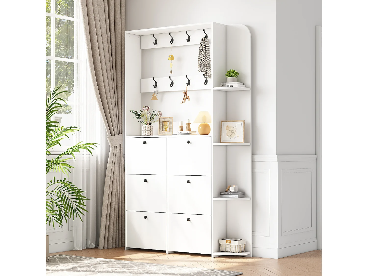 Entryway cloakroom set 120x24x200 cm - with shoe cabinet - 8 hooks - White