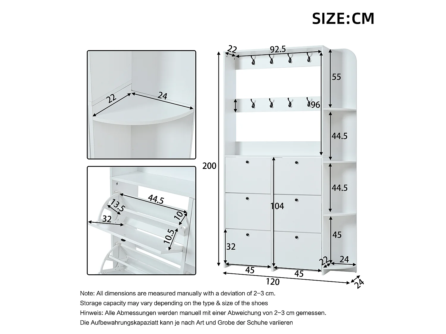 Entryway cloakroom set 120x24x200 cm - with shoe cabinet - 8 hooks - White
