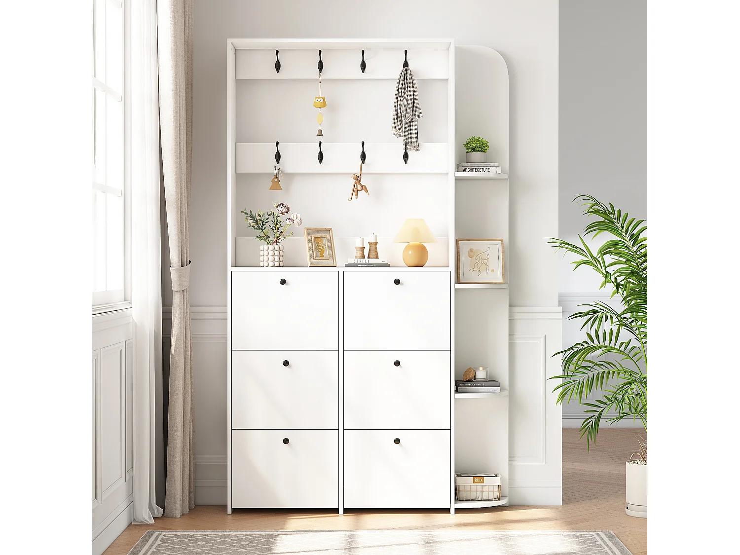 Entryway cloakroom set 120x24x200 cm - with shoe cabinet - 8 hooks - White
