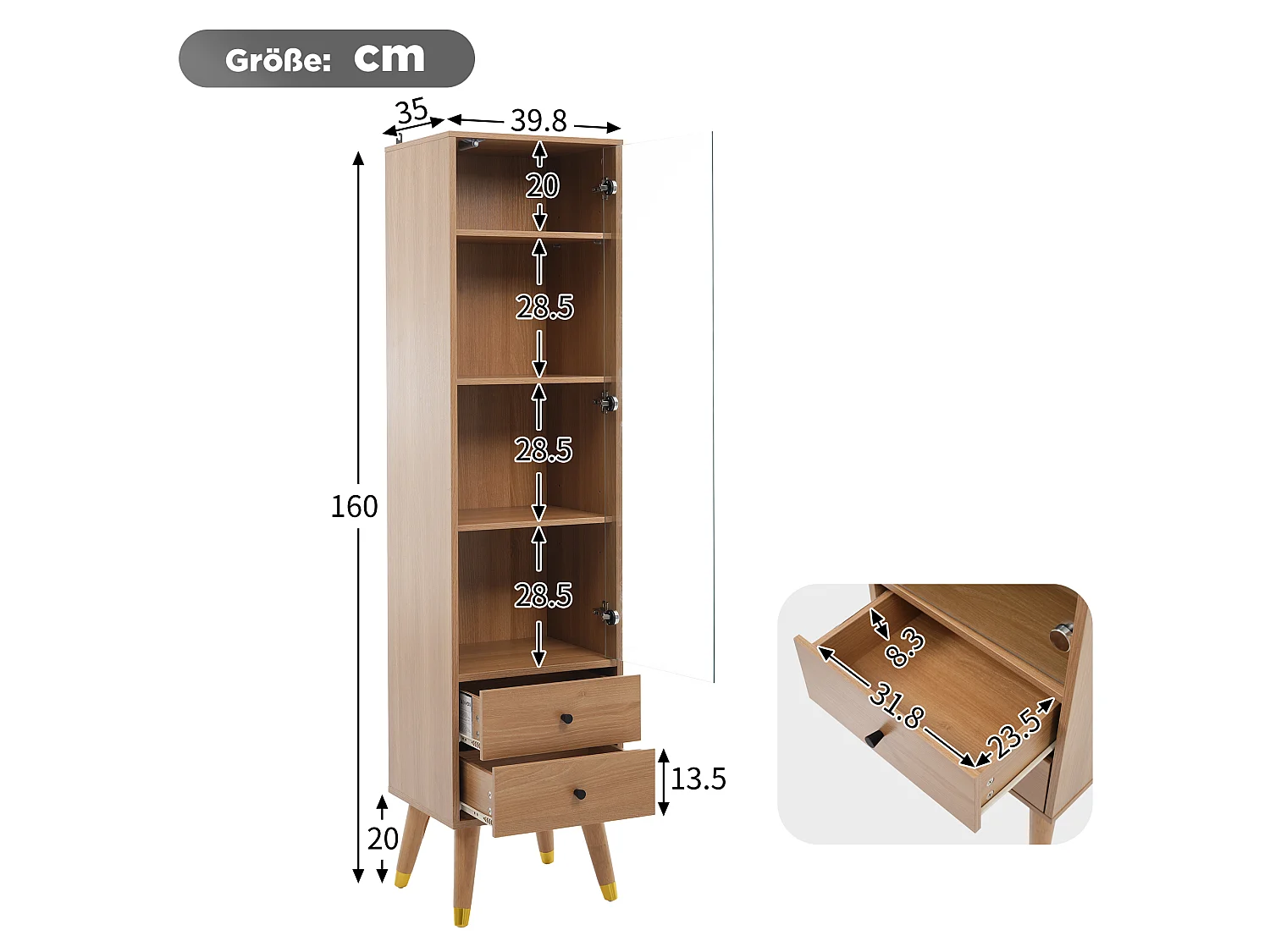 Hohe Vitrine mit einer Glastür und zwei Schubladen, verstellbare Einlegeböden – MDF – 39,8 × 35 × 160 cm – Natur