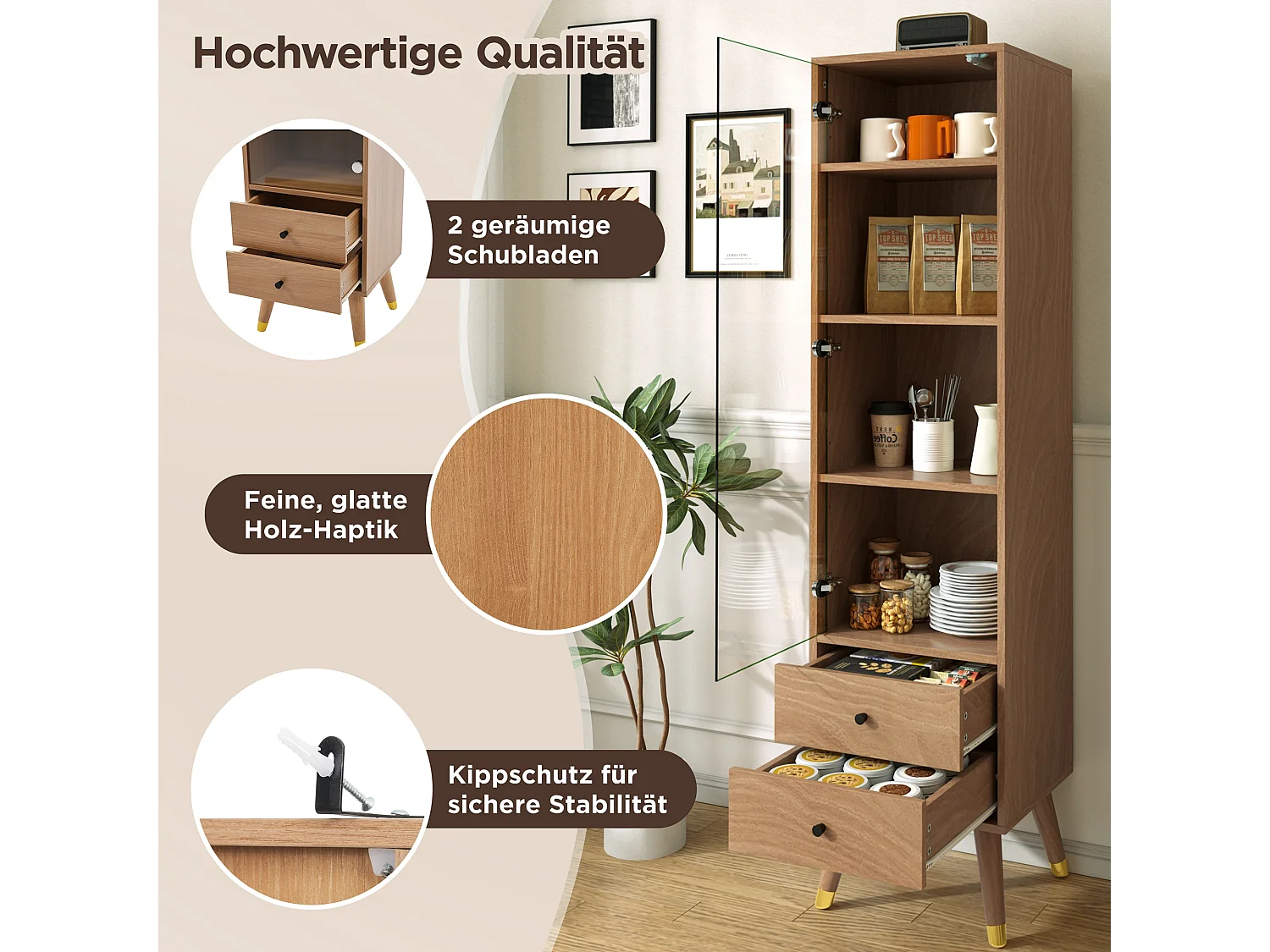 Hohe Vitrine mit einer Glastür und zwei Schubladen, verstellbare Einlegeböden – MDF – 39,8 × 35 × 160 cm – Natur