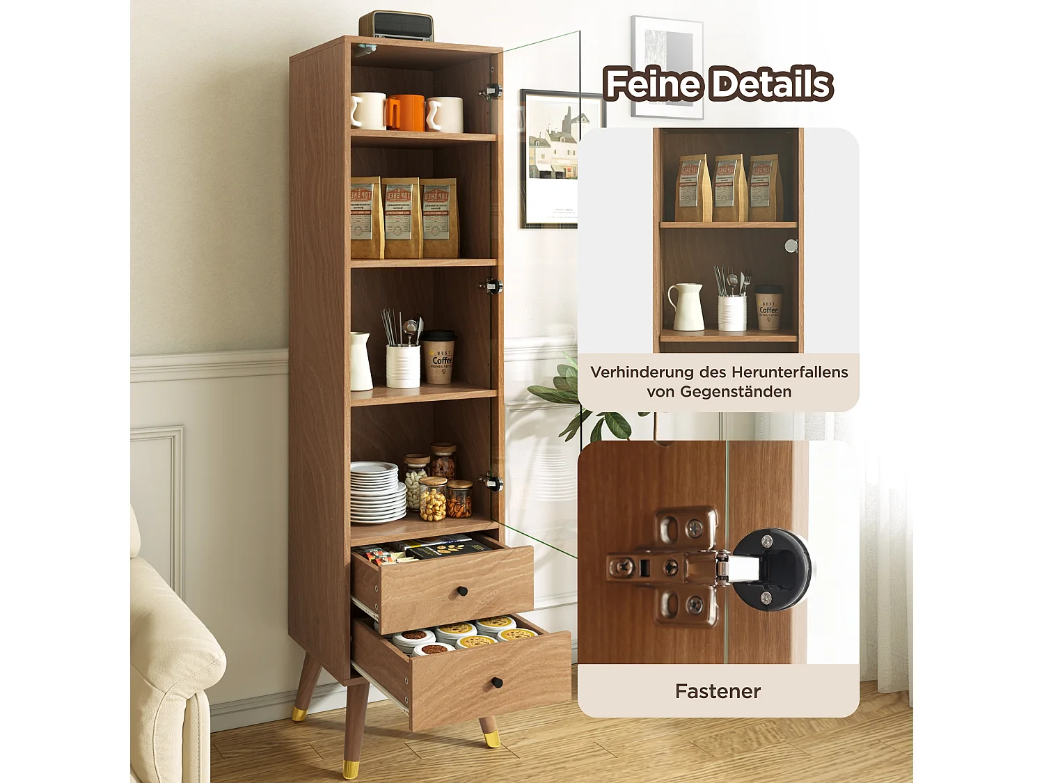 Hohe Vitrine mit einer Glastür und zwei Schubladen, verstellbare Einlegeböden – MDF – 39,8 × 35 × 160 cm – Natur