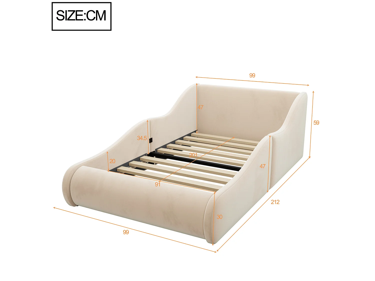 Lit enfant 90x200 cm en velours avec haute tête de lit - Beige