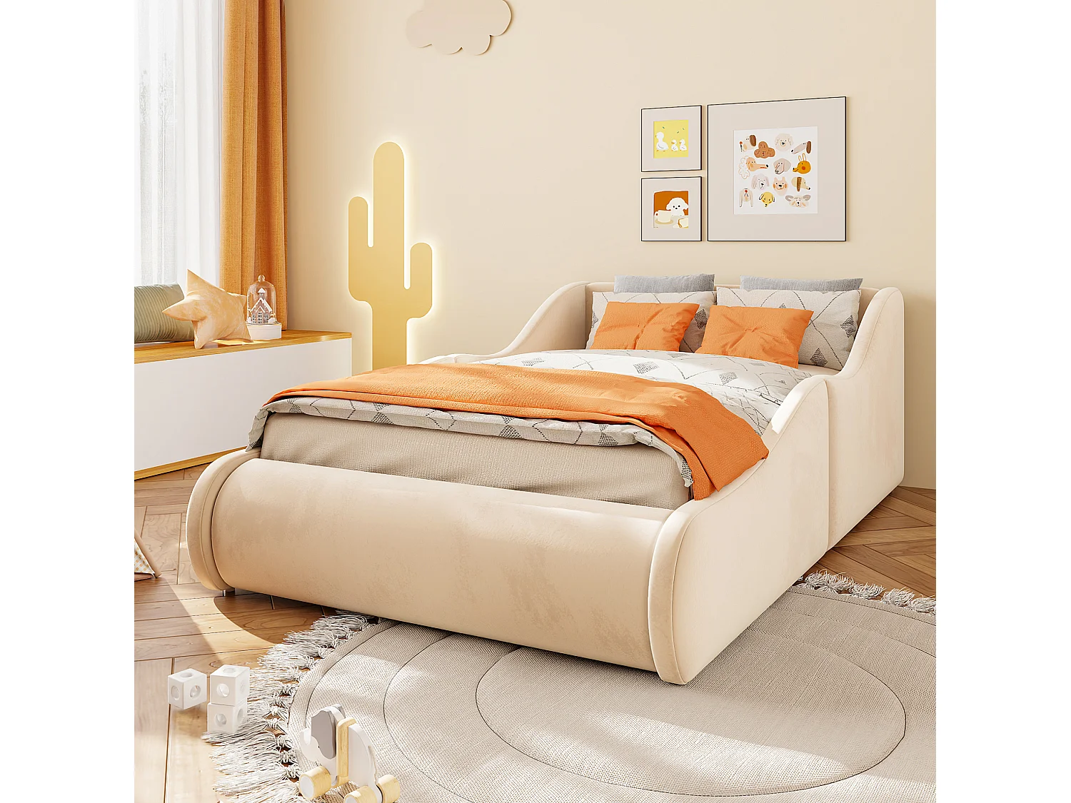 Lit enfant 90x200 cm en velours avec haute tête de lit - Beige