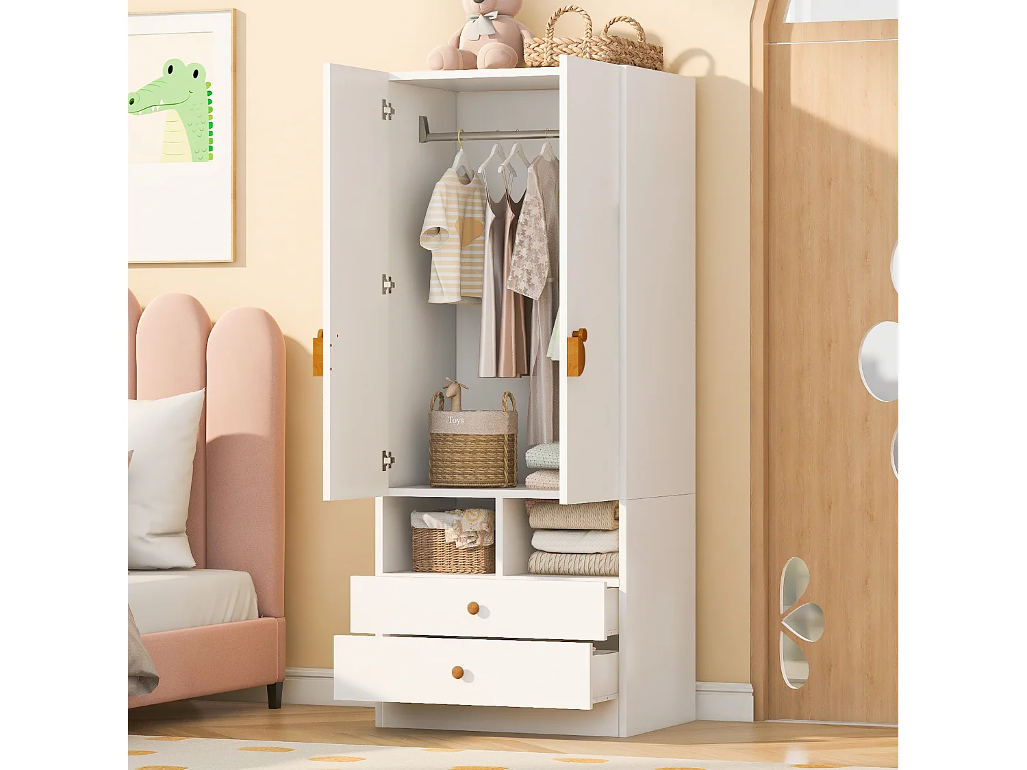 Kinderkledingkast met 2 lades en deurklinken met cartoonprint - Wit