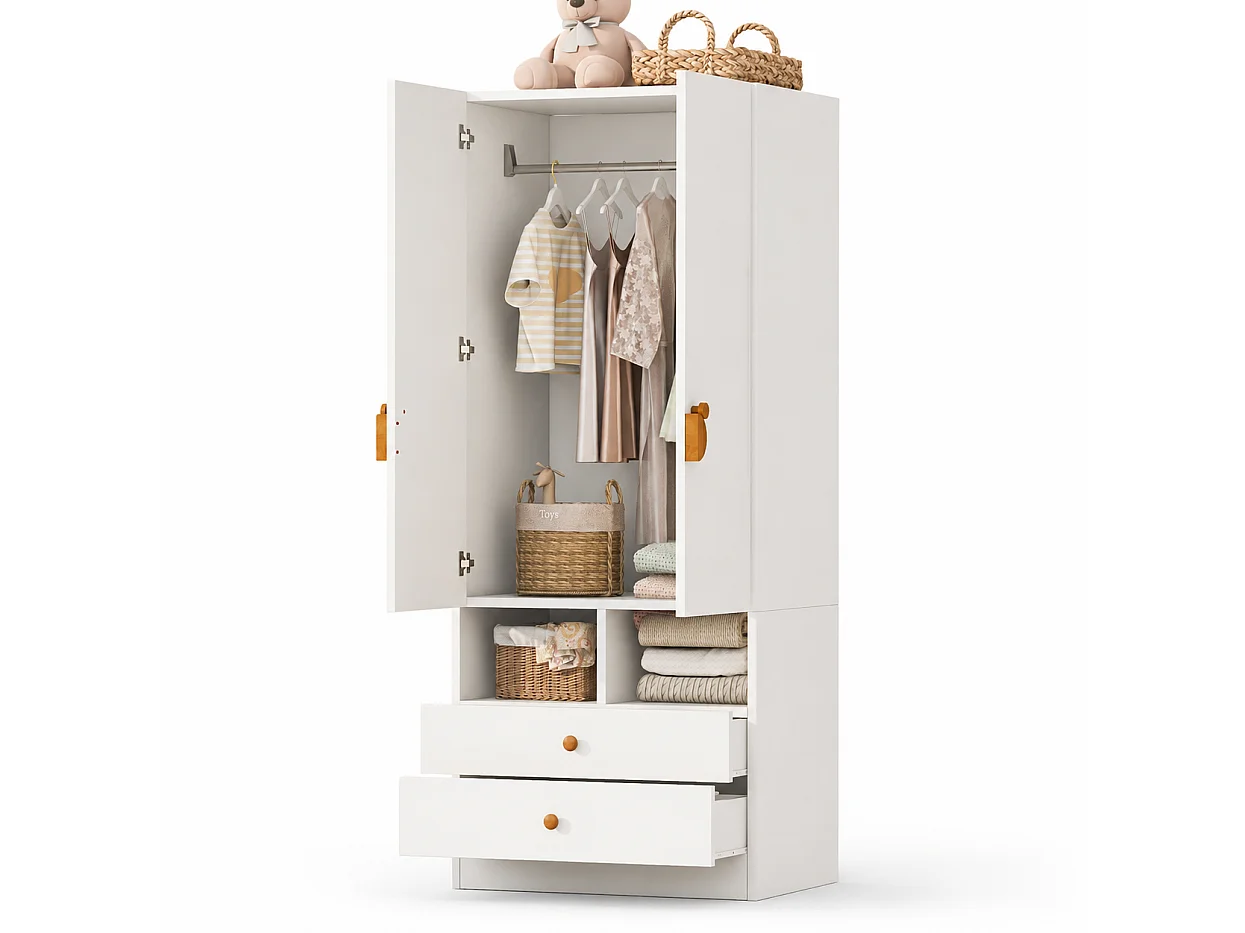 Kinderkledingkast met 2 lades en deurklinken met cartoonprint - Wit
