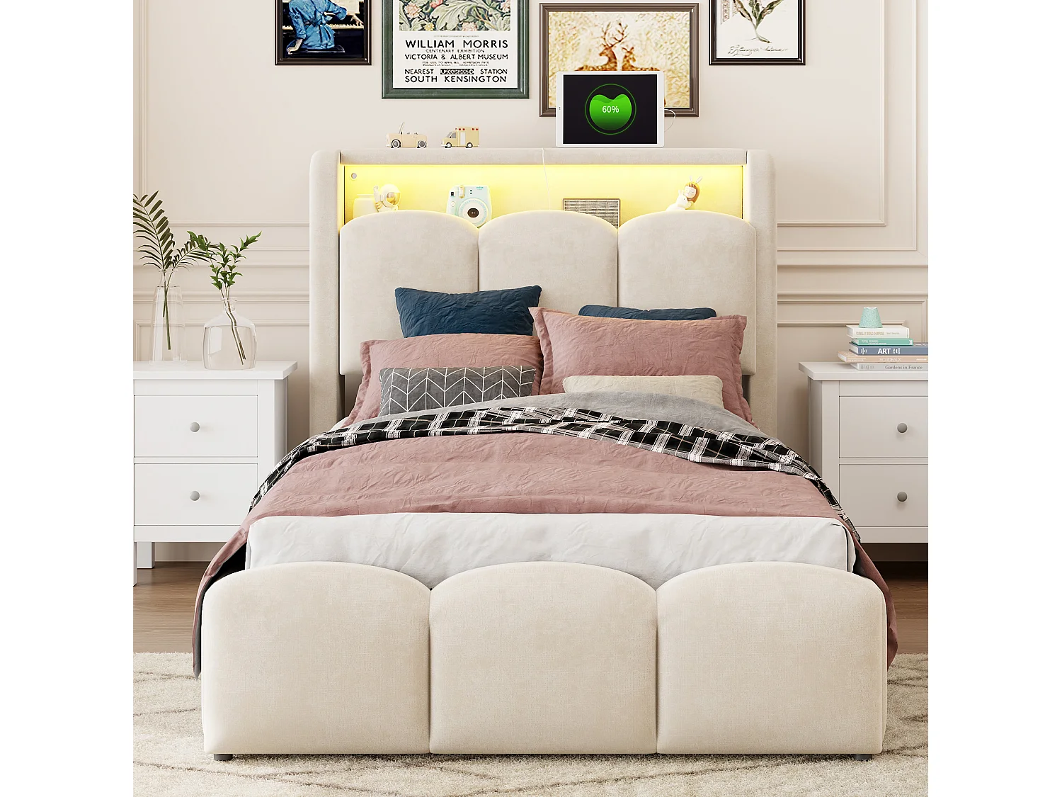 Lit coffre 90x200 en velours avec LED , ports USB et USB-C - Beige