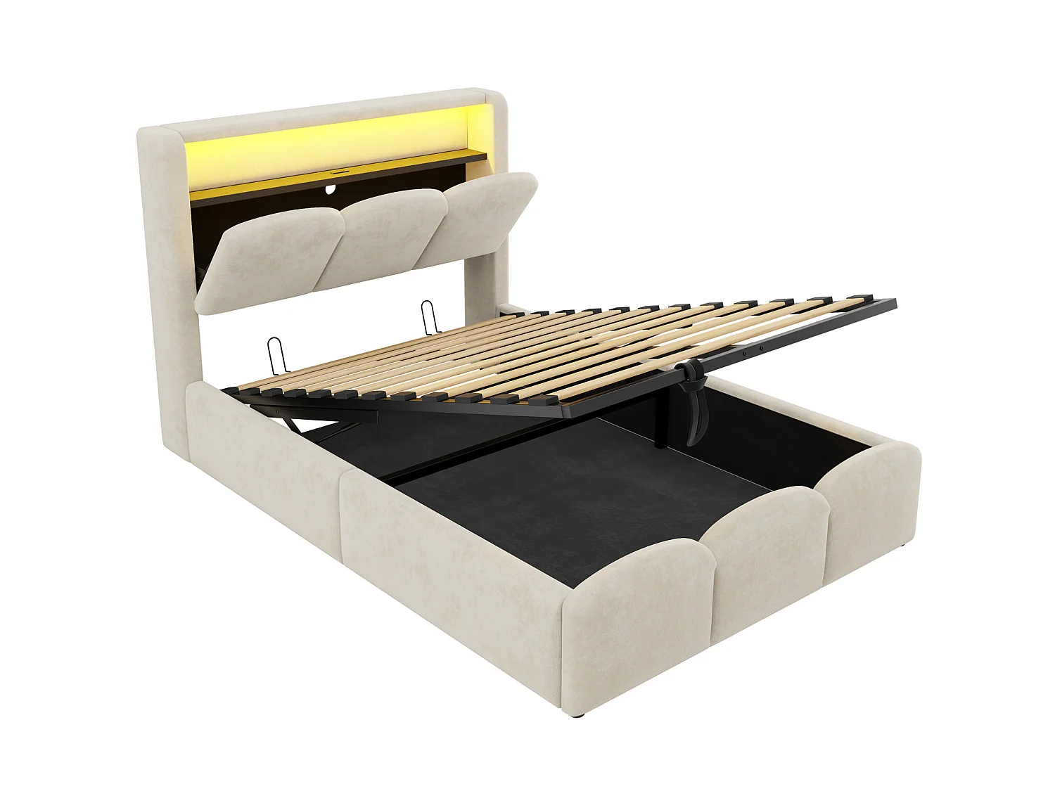 Lit coffre 90x200 en velours avec LED , ports USB et USB-C - Beige