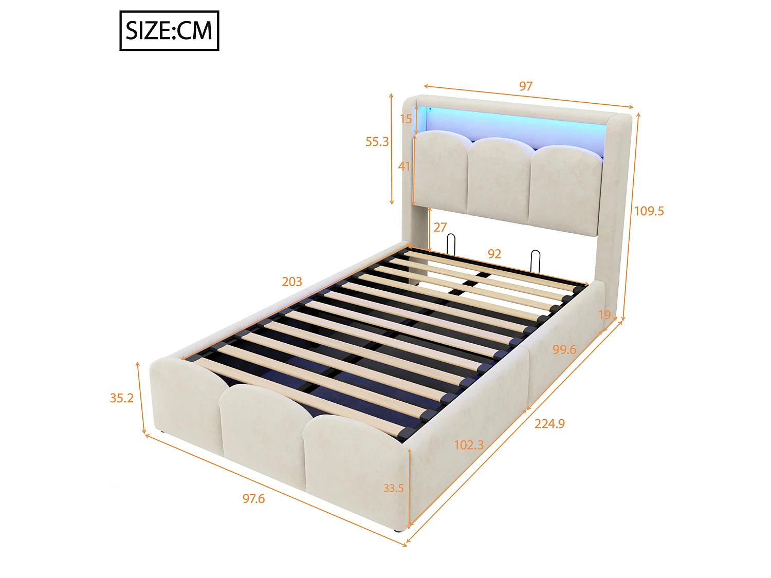 Lit coffre 90x200 en velours avec LED , ports USB et USB-C - Beige