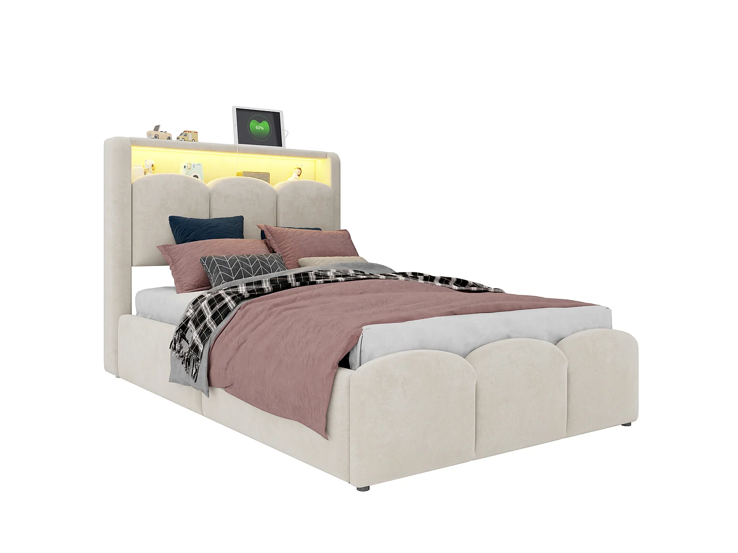 Lit coffre 90x200 en velours avec LED , ports USB et USB-C - Beige