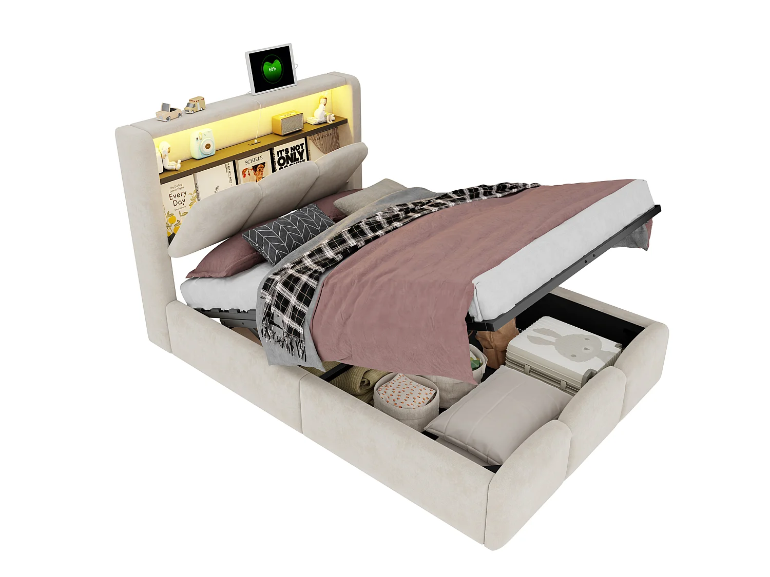 Lit coffre 90x200 en velours avec LED , ports USB et USB-C - Beige