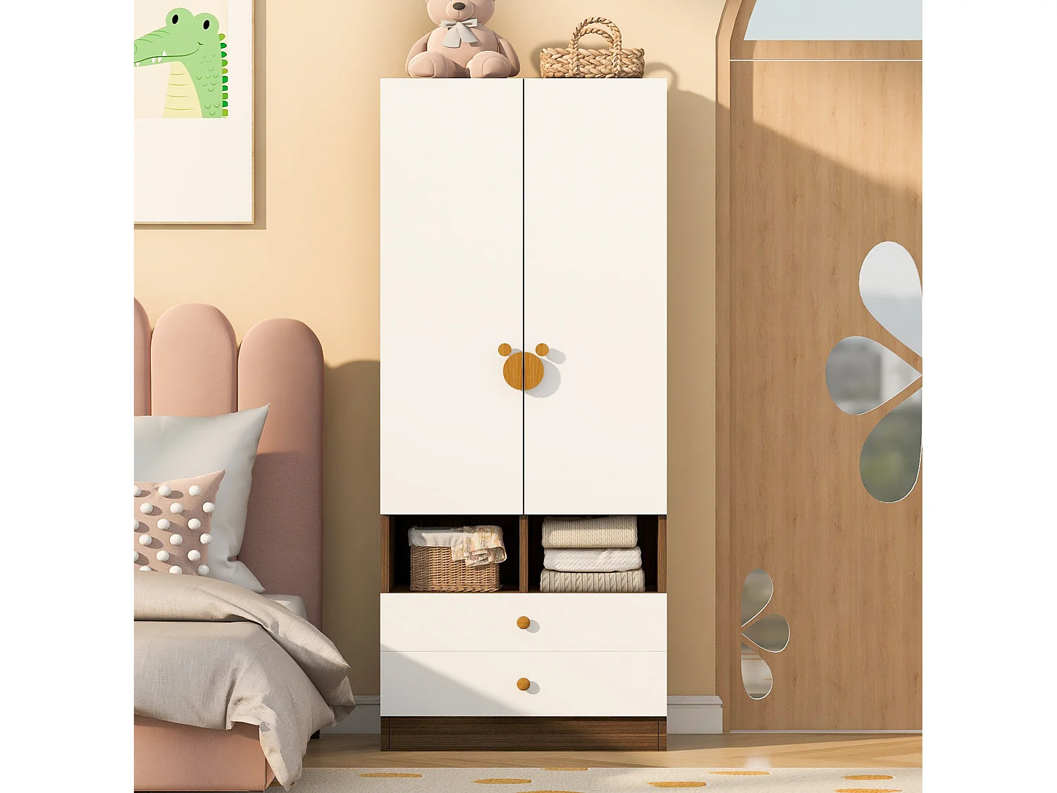 Kinderkledingkast met 2 lades en deurklinken met cartoonprint - Wit en bruin