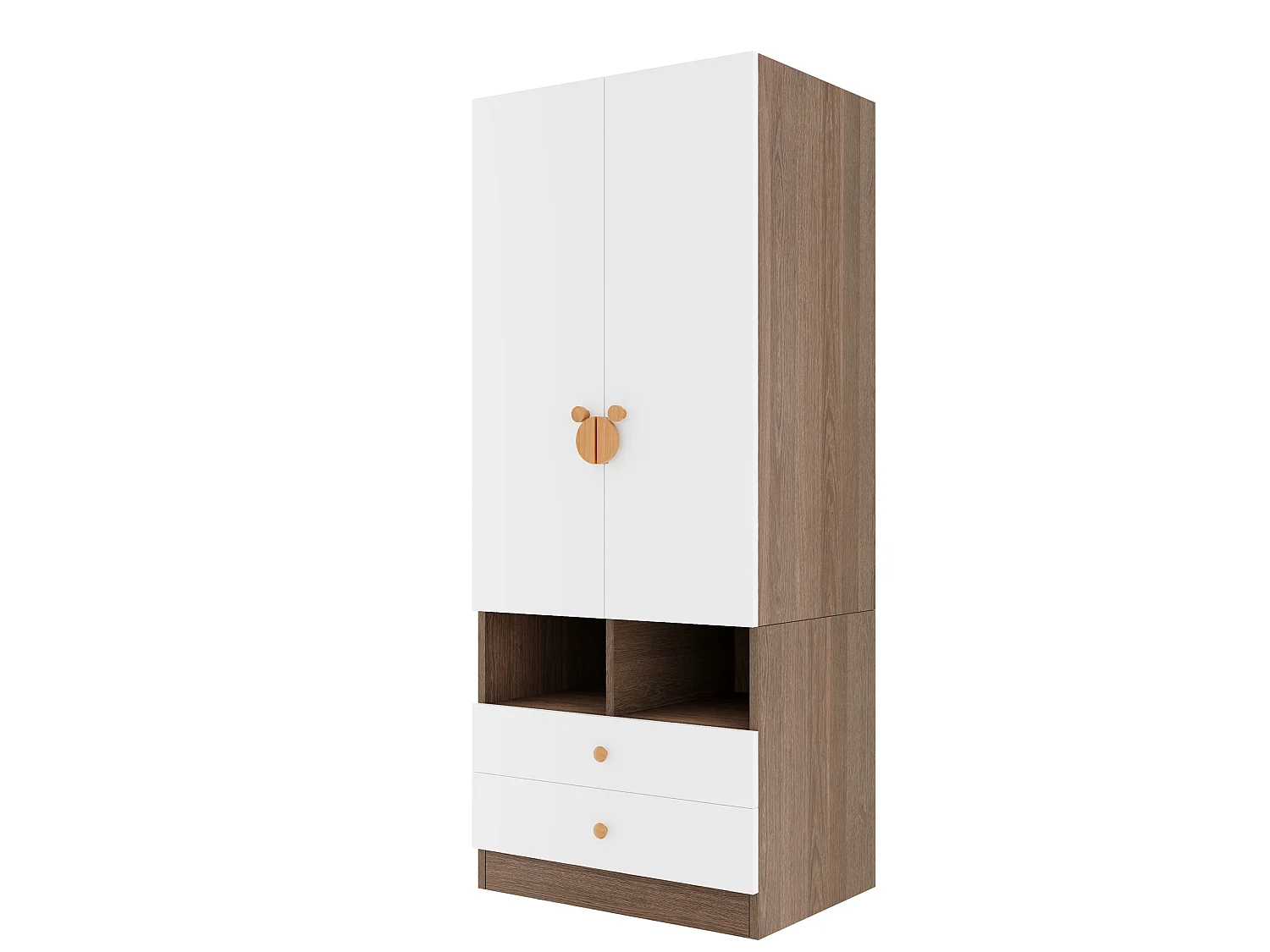 Kinderkledingkast met 2 lades en deurklinken met cartoonprint - Wit en bruin