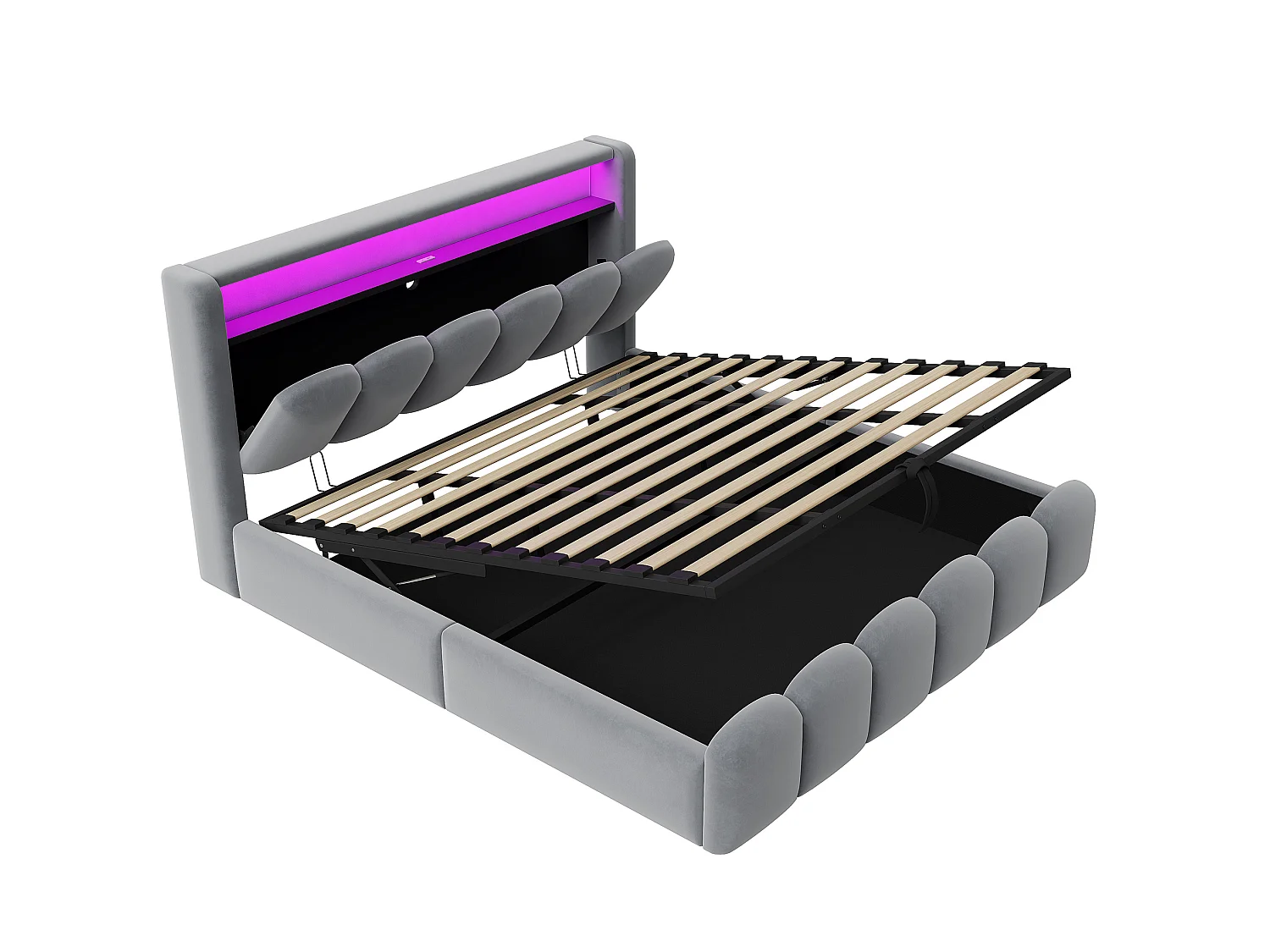 Lit coffre adulte 180x200 en velours avec LED , ports USB et USB-C - Lit double gris