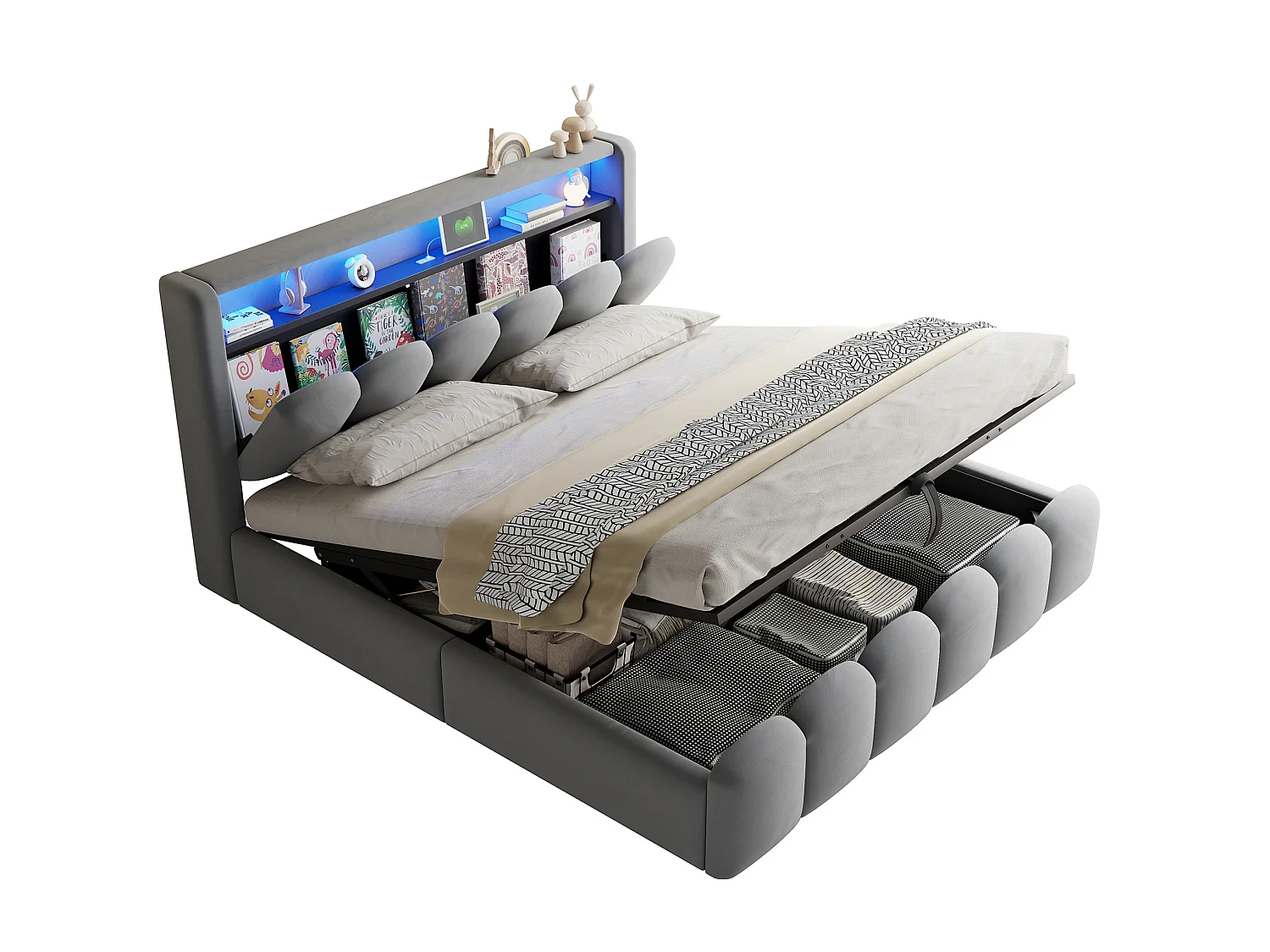 Lit coffre adulte 180x200 en velours avec LED , ports USB et USB-C - Lit double gris