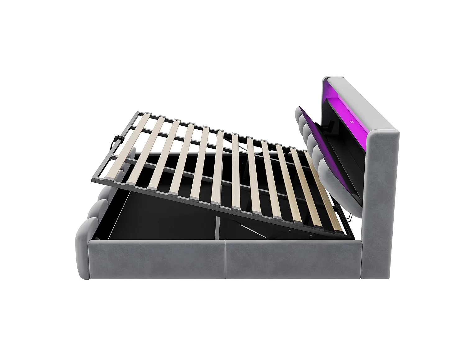 Lit coffre adulte 180x200 en velours avec LED , ports USB et USB-C - Lit double gris