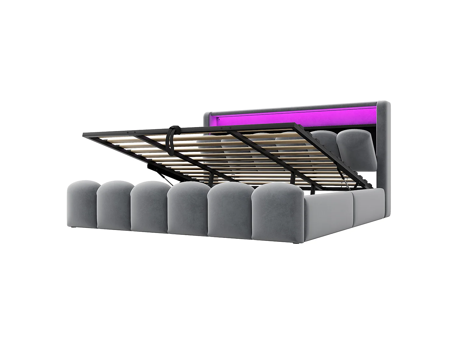 Lit coffre adulte 180x200 en velours avec LED , ports USB et USB-C - Lit double gris