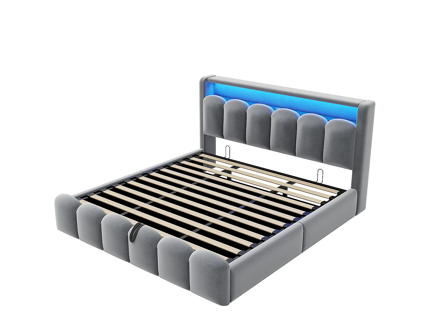 Lit coffre adulte 180x200 en velours avec LED , ports USB et USB-C - Lit double gris