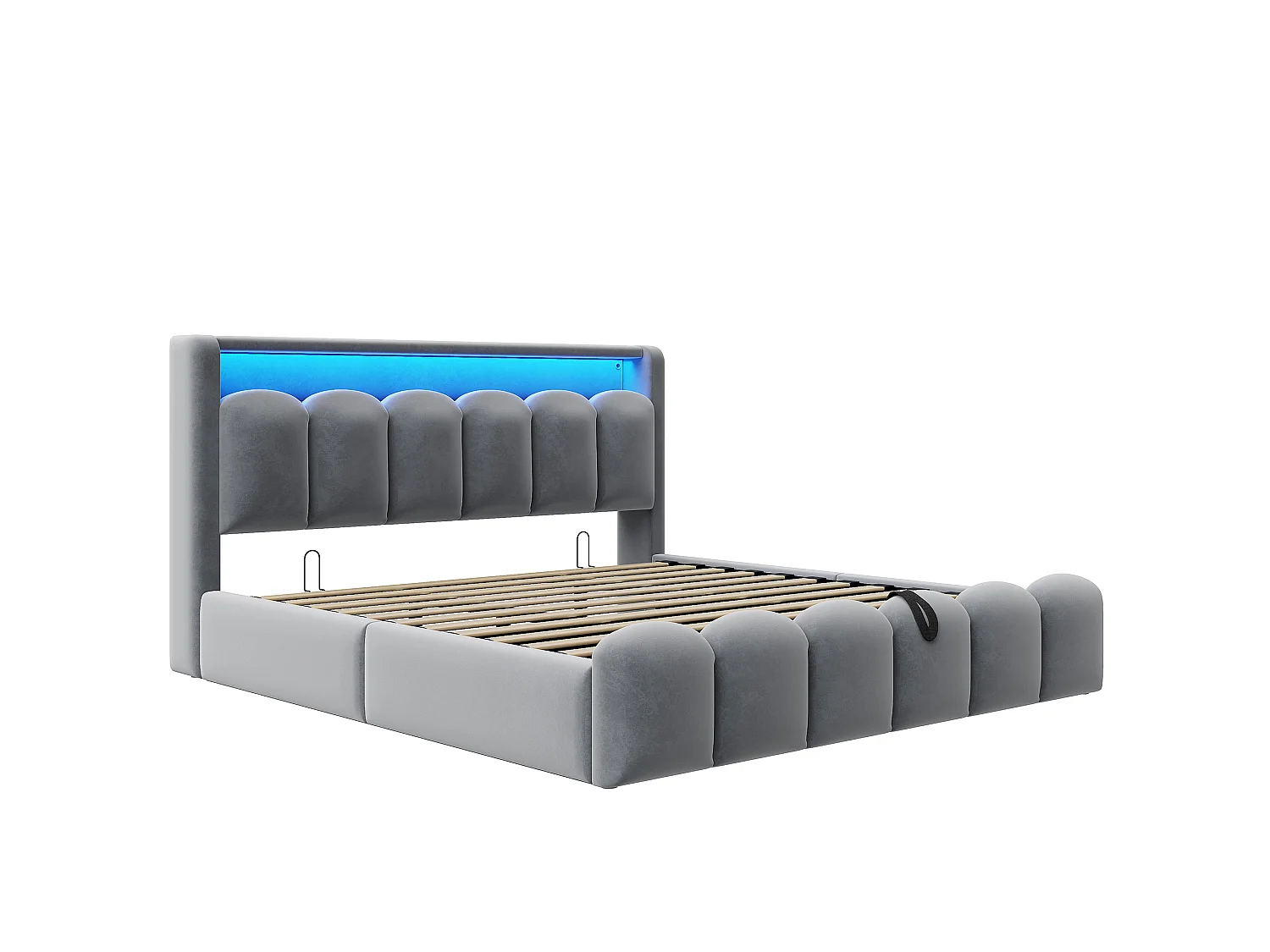 Lit coffre adulte 180x200 en velours avec LED , ports USB et USB-C - Lit double gris