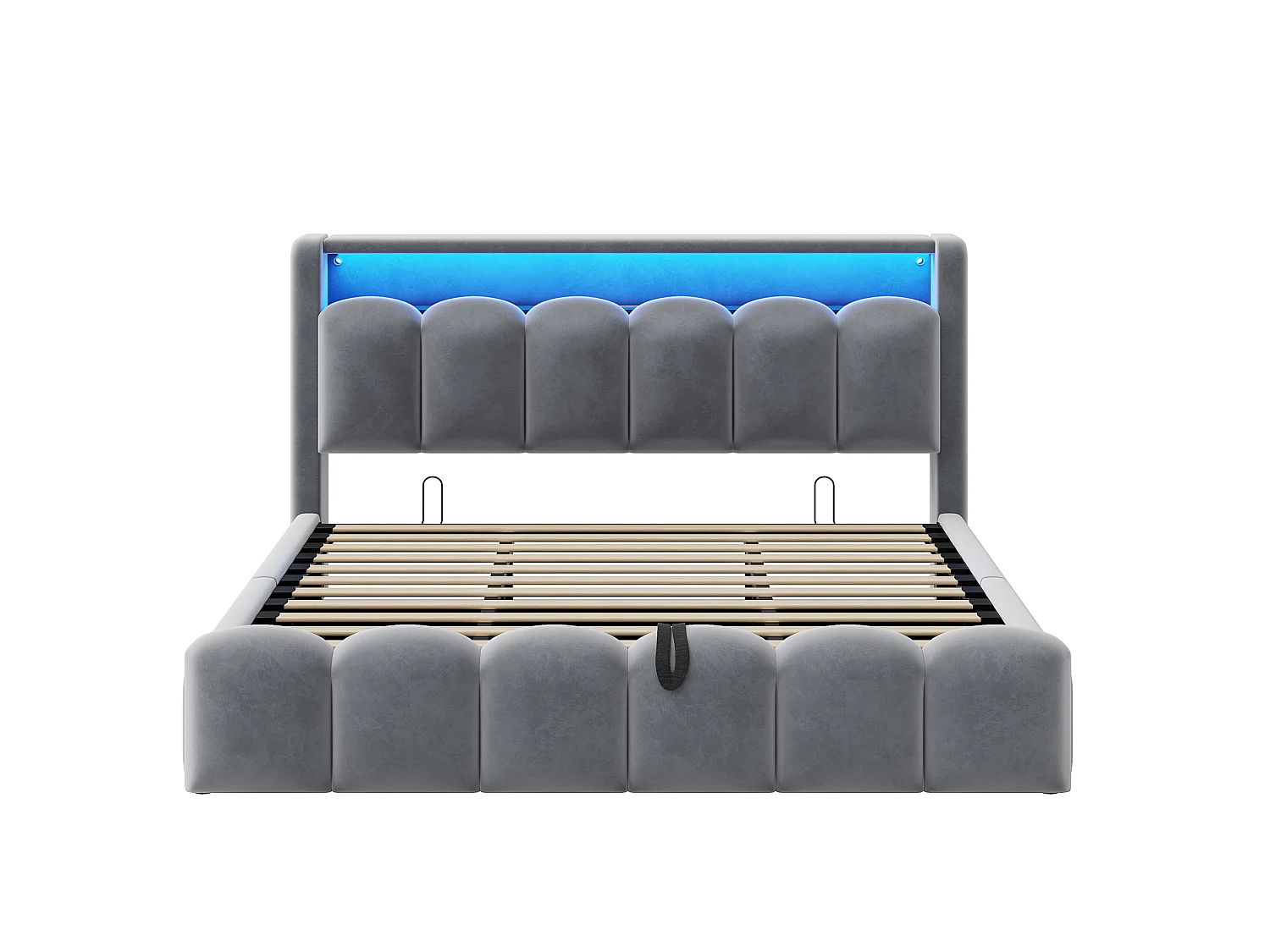 Lit coffre adulte 180x200 en velours avec LED , ports USB et USB-C - Lit double gris